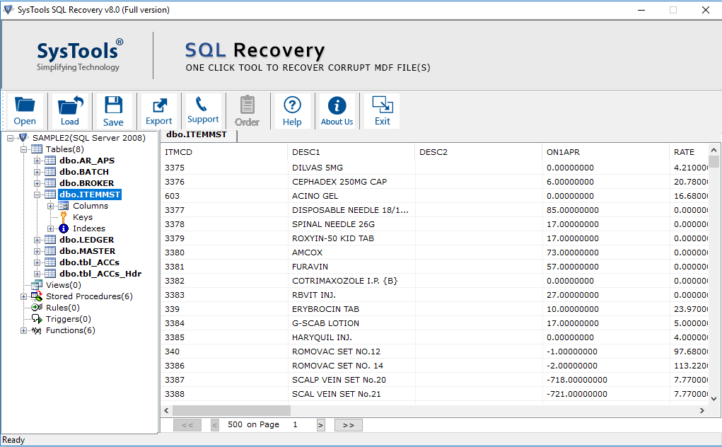 preview of the recovered database files 
