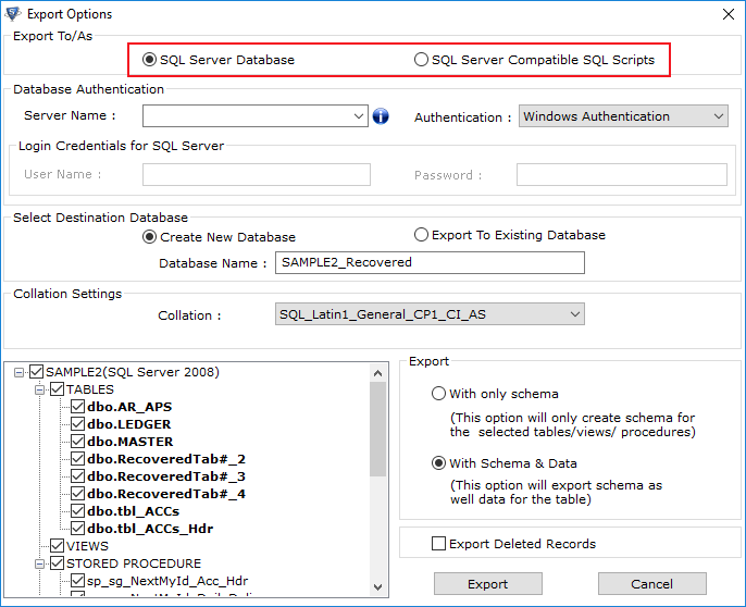 Export by SQL Server Database or SQL Server Compatible Scripts