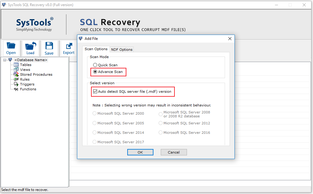 Scanning mode of SQL MDF repair tool
